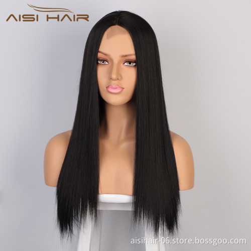 Aisi Hair Top Quality Vendor Cheap Wholesale Glueless Black Lace Frontal Synthetic Hair For Black Women Lace Front Wig